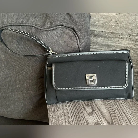 Cole Haan Black Leather Trim Wristlet Clutch Silver Lift Lock Nylon Mini Bag 9” - Picture 5 of 12